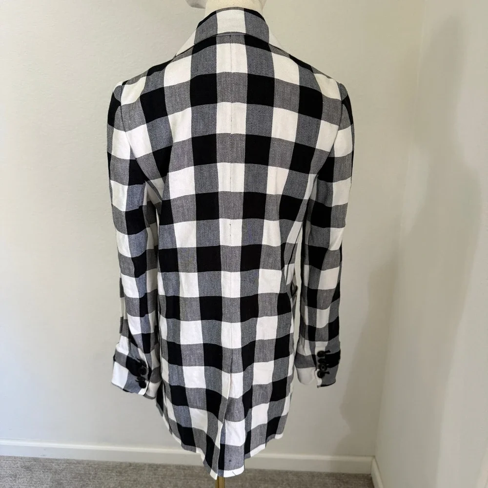 Kate Spade Gingham Linen Blend Double Breasted Blazer 2 Preppy Tailored Black